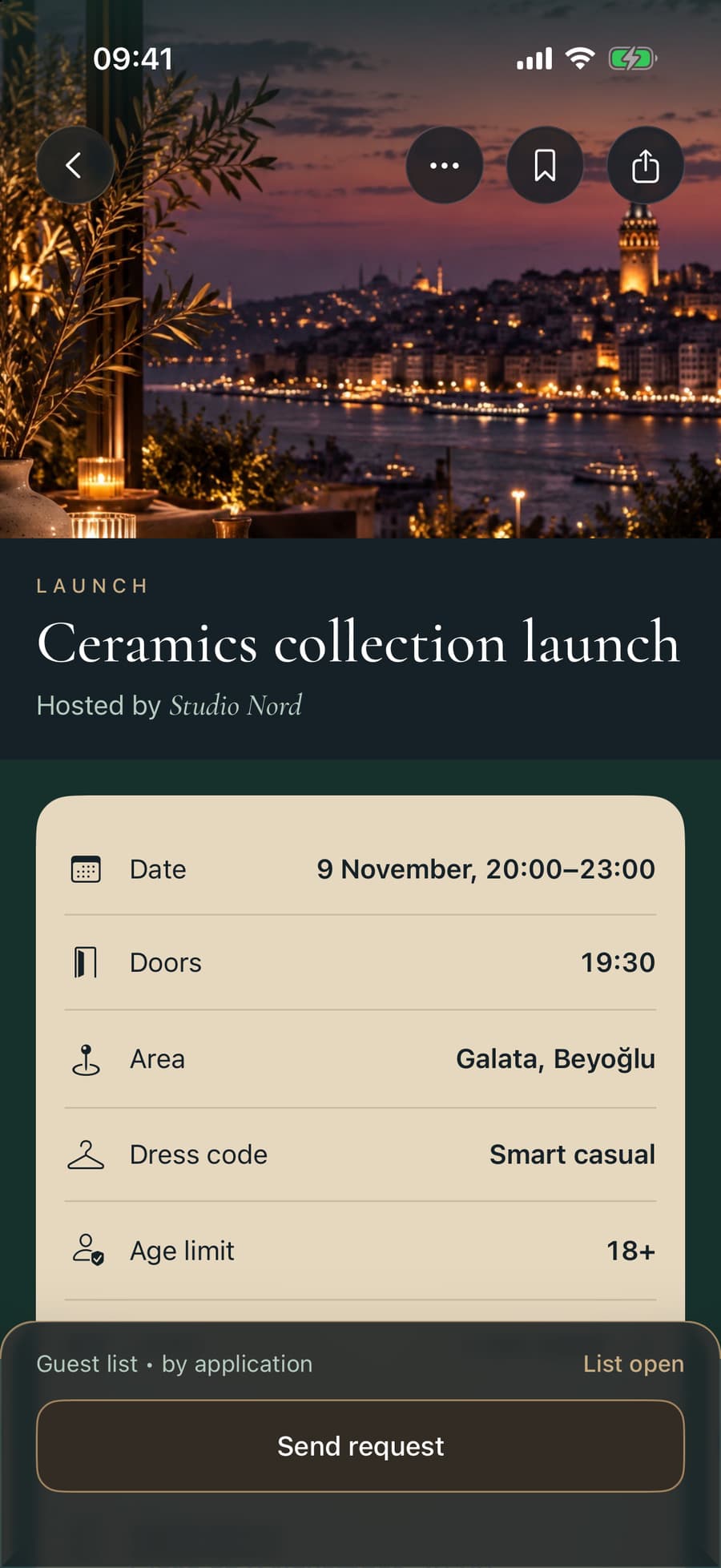 An event page in the Innerlist app: date, doors, area and dress code, with a Send request button at the bottom.