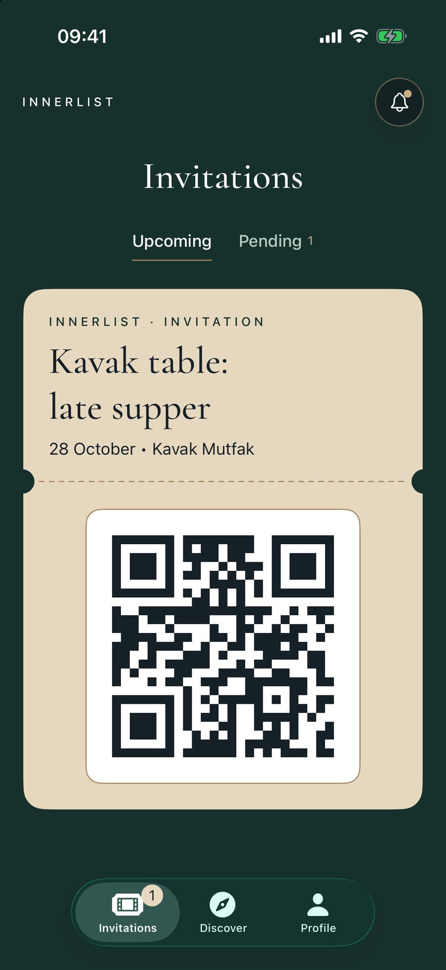 The Invitations screen: a cream invitation card with the event’s name, date and a QR code.