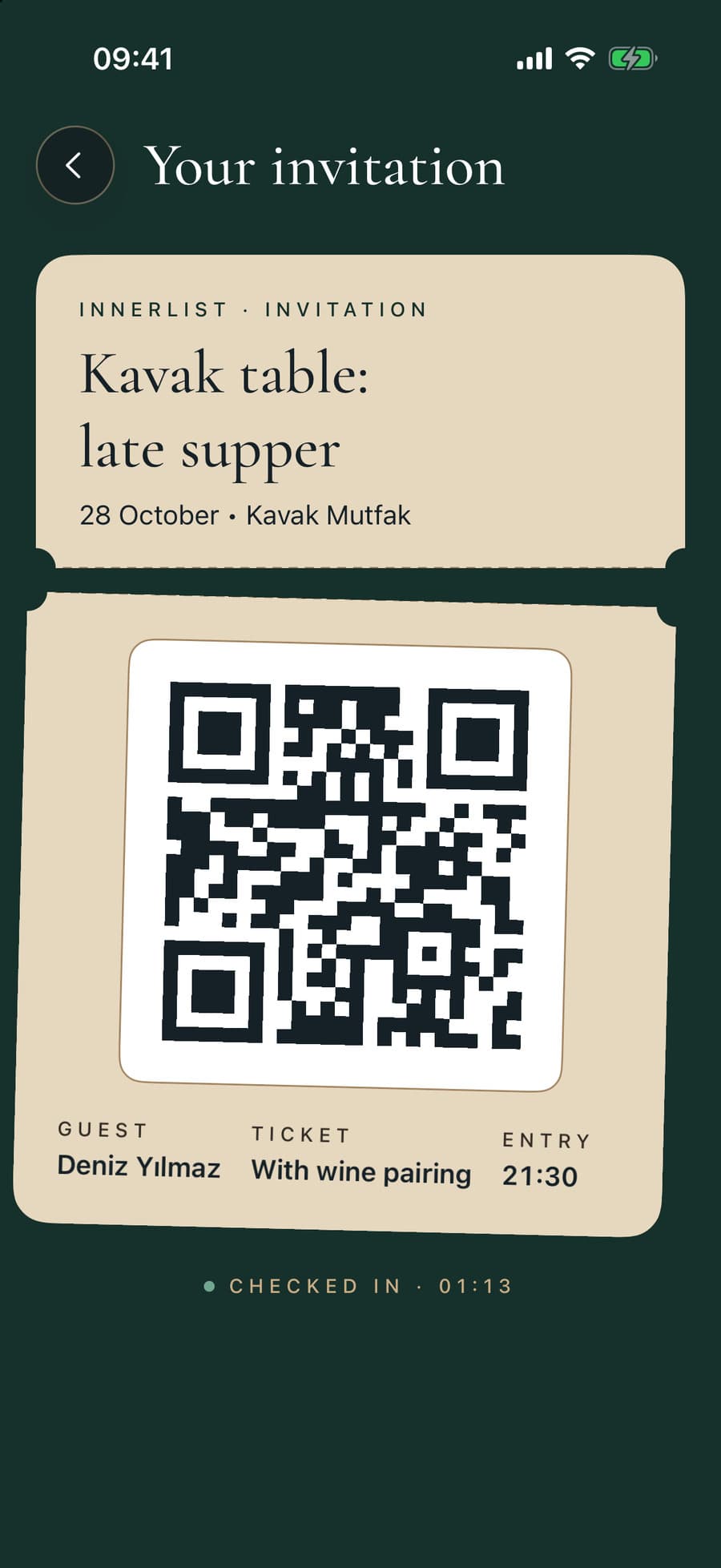 An invitation scanned at the door: the guest’s name, ticket type and entry time, marked Checked in.