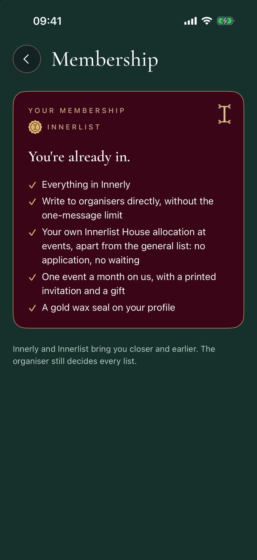 The Membership screen: a burgundy Innerlist card with a gold seal and the membership’s perks.