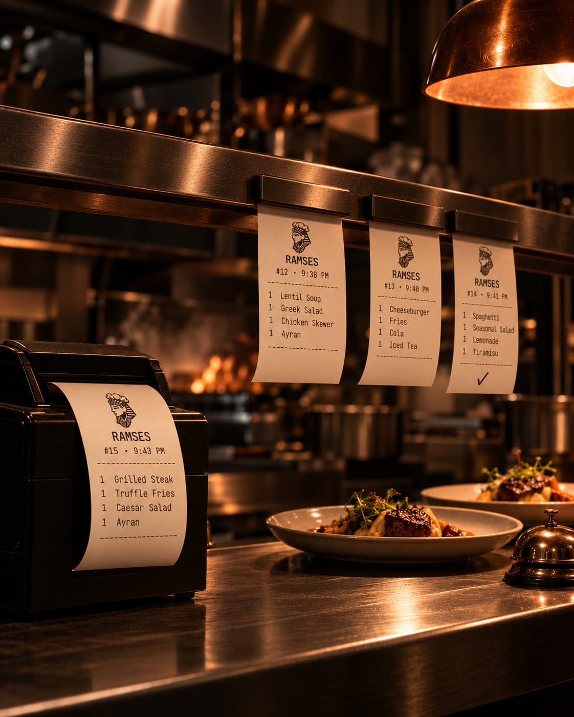 A new Ramses order printing at the kitchen pass, earlier tickets on the rail and plates ready to go